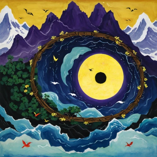 sun moon,sun and moon,altiplano,whirlwinds,phase of the moon,dharma wheel,cartoon video game background,goldmoon,circle,youtube background,whirlpool,a circle,spring equinox,mountain world,pachamama,moonbow,earthsea,time spiral,moon and star background,catan,Illustration,Children,Children 05