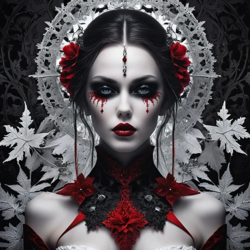 gothic portrait,widow flower,vampire lady,vampire woman,unseelie,queen of hearts,countess,persephone,lacrimosa,fantasy portrait,gothic woman,demoness,amidala,lilith,red snowflake,dead bride,white rose snow queen,viveros,mirror of souls,vampyre,Photography,General,Realistic