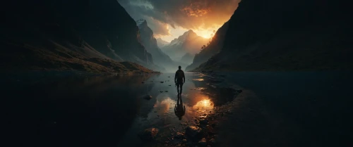descent,photomanipulation,the descent to the lake,fire and water,photo manipulation,metavolcanic,mirror of souls,fire in the mountains,oxenhorn,risen,burning earth,volcanic,hollow way,road of the impossible,mordor,beneath,reflexed,pilgrimage,wanderer,elemental