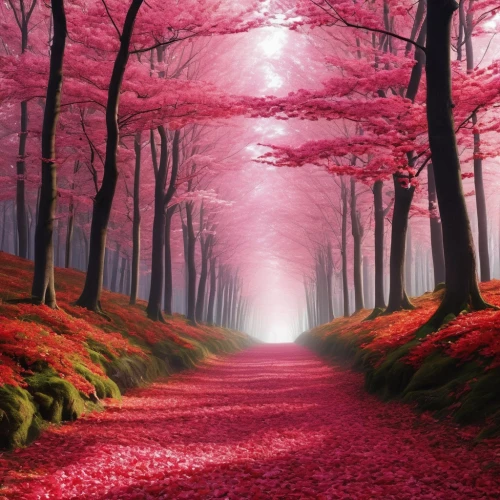 tree lined path,fairytale forest,germany forest,forest path,fairy forest,nature wallpaper,deep pink,pink october,autumn forest,enchanted forest,pink grass,forest road,rose pink colors,dark pink in colour,tree lined lane,pink dawn,forest of dreams,the mystical path,pathway,october pink,Photography,General,Realistic