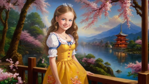 landscape background,dirndl,fairy tale character,springtime background,fantasy picture,haiping,girl in flowers,yiping,liangying,shannxi,girl on the river,yuanying,xueying,children's background,art painting,young girl,girl picking flowers,yanzhao,girl in a long dress,photo painting