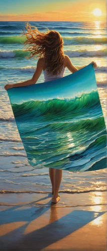 beach towel,sun and sea,beach background,the wind from the sea,oil painting on canvas,surfer,beach landscape,sailboard,world digital painting,voile,sea water splash,windsurfer,oil painting,ocean waves,ocean background,sea landscape,windsurf,art painting,wind surfing,exhilaration,Illustration,Realistic Fantasy,Realistic Fantasy 04