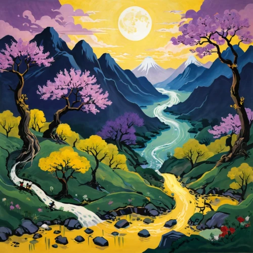alpine landscape,mountain landscape,mountain scene,purple landscape,mountainous landscape,woodring,moon valley,mountain flowers,valley of the moon,river landscape,mountain flower,salt meadow landscape,yellow mountains,springtime background,high landscape,landscape background,mountain spring,nature landscape,lunar landscape,sun moon,Art,Artistic Painting,Artistic Painting 35