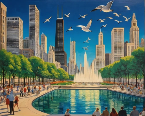city fountain,dubai fountain,central park,oil painting on canvas,fountain pond,dubbeldam,cityscape,chicago,ravensburger,birds of chicago,lachapelle,lake park,city scape,sky city,chicago skyline,cityscapes,fantasy city,ciudad,city pigeons,herman park,Illustration,Black and White,Black and White 25