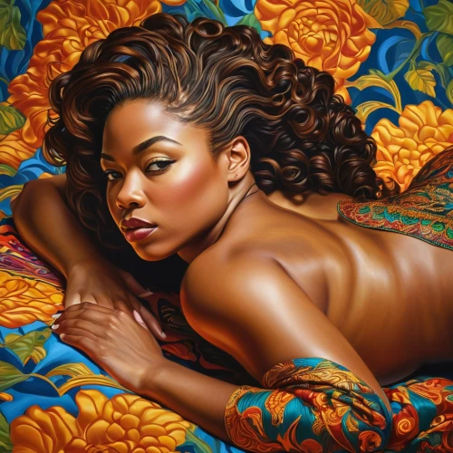 odalisque,toccara,african american woman,tretchikoff,bodypaint,woman on bed,ofili,body painting,beautiful african american women,african woman,bodypainting,oshun,oil painting on canvas,black woman,ledisi,woman laying down,liberian,hildebrandt,oil on canvas,rosemond,Conceptual Art,Fantasy,Fantasy 16
