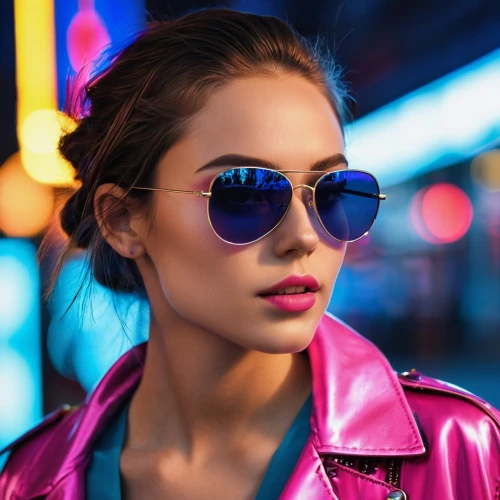 aviators,sunglasses,pink glasses,color glasses,knockaround,shades,pink round frames,cyber glasses,neon makeup,colorful background,neon colors,eyeshades,colorful light,ultraviolet,nightshades,eyewear,sunglass,retro girl,neon candies,retro woman,Photography,General,Realistic