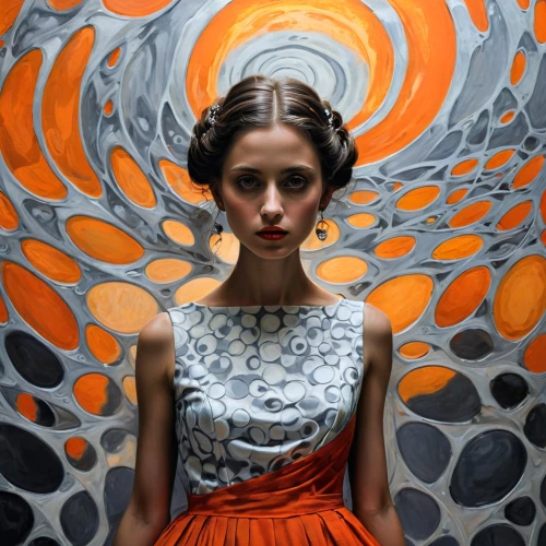 bodypainting,coral swirl,body painting,girl in a long dress,rankin,mcconaghy,peacock,bodypaint,mystical portrait of a girl,jingna,spiral art,girl in a wreath,orange blossom,fractals art,mccurry,blumenfeld,artistic portrait,evgenia,spiralling,girl with a wheel,Illustration,Realistic Fantasy,Realistic Fantasy 33