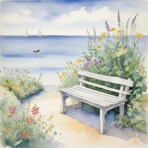 bench by the sea,watercolor background,beach landscape,seaside daisy,sea beach-marigold,seaside country,beach furniture,watercolor painting,sea landscape,garden bench,deckchair,beach scenery,park bench,seaside view,watercolor,deckchairs,fragrant snow sea,coastal landscape,watercolour paint,watercolorist,Illustration,Paper based,Paper Based 22