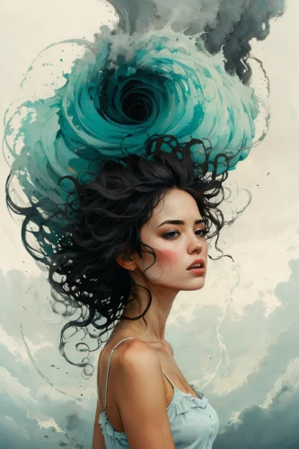 the wind from the sea,windswept,windblown,sea storm,little girl in wind,amphitrite,wind machine,mystical portrait of a girl,sirene,fathom,the sea maid,viento,winds,fluidity,fantasy portrait,whirlwinds,fantasy art,undine,stormy blue,storm,Illustration,Paper based,Paper Based 19