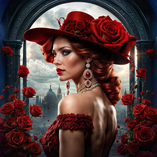 red roses,red rose,fantasy portrait,flamenca,way of the roses,fantasy art,disney rose,lady in red,scent of roses,habanera,romantic rose,victoriana,fantasy picture,principessa,romantic portrait,viveros,victorian lady,world digital painting,red carnations,rosae