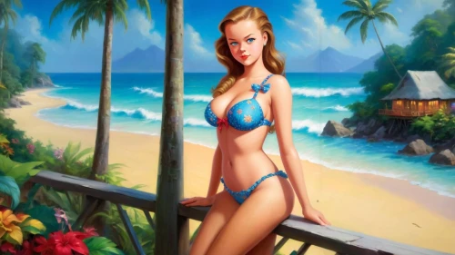beach background,blue hawaii,pin-up girl,hawaiiana,woman with ice-cream,beachcomber,pin up girl,pin-up girls,beach landscape,tropicale,beach scenery,art painting,tropico,photo painting,beach towel,lachapelle,pin-up model,holidaymaker,donsky,candy island girl