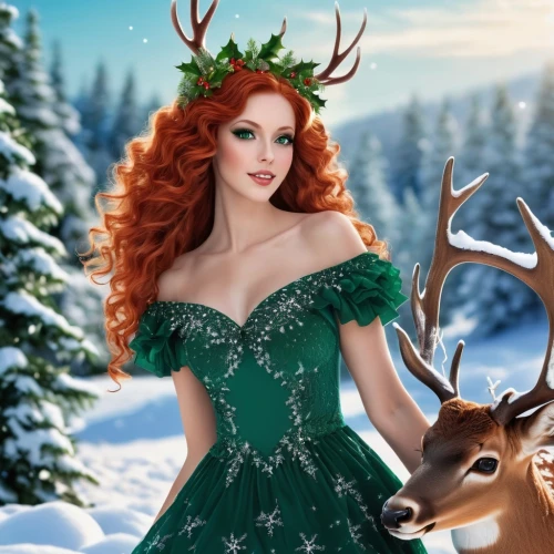 celtic woman,celtic queen,elfed,the snow queen,christmas snowy background,fantasy picture,christmas woman,pin up christmas girl,christmas pin up girl,princess anna,christmas background,winter deer,deer illustration,christmasbackground,winter background,sleigh ride,antlered,fantasy art,tuatha,elsa,Photography,General,Realistic