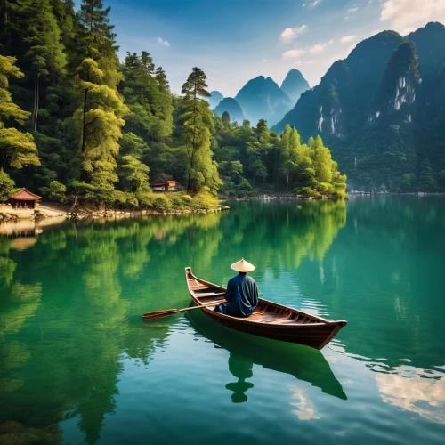 boat landscape,beautiful lake,canoeing,calm water,idyllic,yangshuo,floating over lake,kayaking,landscape background,row boat,tranquility,guilin,canoe,calm waters,canoed,people fishing,yangshao,tianchi,tranquillity,nature background,Photography,General,Realistic