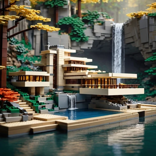 fallingwater,floating islands,lego background,voxel,lego city,artificial islands,floating island,lagoon,harborfront,3d render,ancient city,futuristic landscape,waterside,resort,waterfront,boat landscape,house by the water,render,aqua studio,microdistrict,Illustration,Black and White,Black and White 32