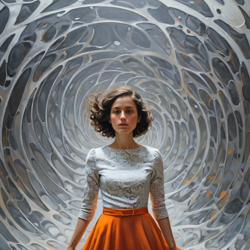 pilgrim shell,vortex,toroidal,forcefield,spiral art,girl in a long dress,mystical portrait of a girl,glass sphere,spiralling,swirling,hypatia,centripetal,ozma,wormholes,conchoidal,girl with a wheel,alita,kinetic art,spiral,wormhole,Illustration,Realistic Fantasy,Realistic Fantasy 18