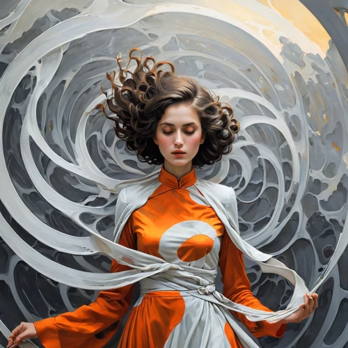 swirling,amidala,hypatia,orange robes,whirlwinds,heatherley,fluidity,wind machine,whirlwind,mesmerism,whirling,the wind from the sea,vortex,spiral art,fantasy portrait,mystical portrait of a girl,little girl in wind,sci fiction illustration,coral swirl,world digital painting,Illustration,Realistic Fantasy,Realistic Fantasy 12