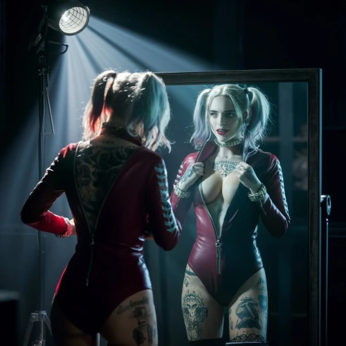 doll looking in mirror,harley quinn,in the mirror,harley,mirror,catsuits,catsuit,the mirror,bodypaint,magic mirror,mirror reflection,reflection,mirrors,photo session in bodysuit,burlesque,bodypainting,bodysuit,reflects,body painting,catwoman