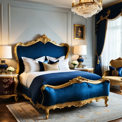 bedchamber,chambre,ornate room,blue room,malplaquet,opulently,sumptuous,ritzau,opulent,opulence,mazarine blue,luxurious,four poster,royal blue,dark blue and gold,poshest,meurice,chevalerie,great room,royale,Photography,General,Realistic
