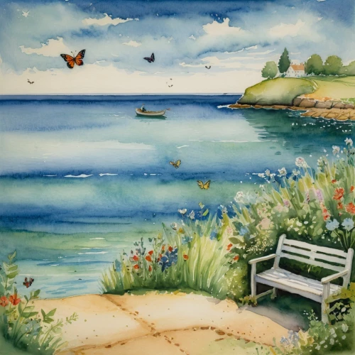 bench by the sea,watercolor background,watercolour frame,watercolor frame,watercolor painting,landscape with sea,beach landscape,watercolor,watercolor cafe,sea landscape,coastal landscape,seaside view,bench,water color,bird painting,watercolor blue,watercolorist,park bench,watercolourist,watercolour,Illustration,Paper based,Paper Based 22