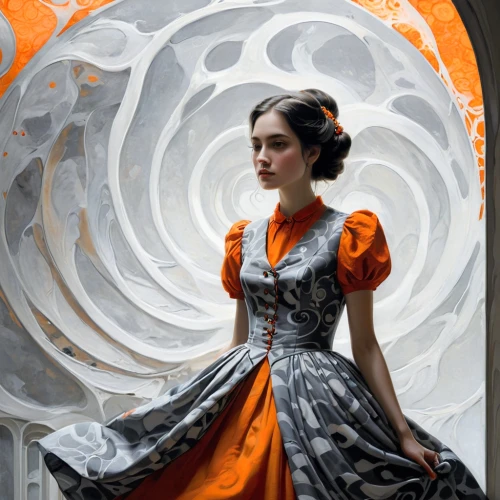 ball gown,ballgown,girl in a long dress,orange rose,duchesse,fractals art,glass painting,crinoline,a floor-length dress,meticulous painting,fabric painting,pemberley,marble painting,a girl in a dress,hypatia,swirling,spiral art,twirl,karenina,ballgowns,Illustration,Realistic Fantasy,Realistic Fantasy 05