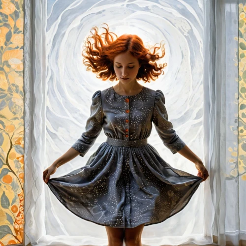 heatherley,anchoress,goldfrapp,a girl in a dress,chastain,imaginarium,hooverphonic,seelie,behenna,lindsey stirling,metronomy,alice in wonderland,jingna,the girl in nightie,redhead doll,little girl in wind,flounce,nightdress,girl in a long dress,girl in cloth,Illustration,Realistic Fantasy,Realistic Fantasy 31