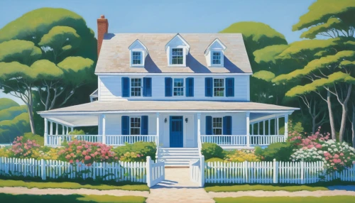 nantucket,summer cottage,house painting,white picket fence,cottage,little house,home landscape,new england style house,edgartown,woman house,country cottage,small house,cape cod,cottages,houses clipart,saltbox,old colonial house,housedress,kennebunk,country house,Art,Artistic Painting,Artistic Painting 09
