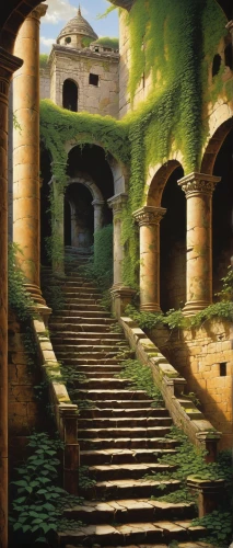 ancient city,theed,ruins,cartoon video game background,ancient buildings,the ruins of the,passageways,bomarzo,abandoned place,labyrinthian,ruinas,archways,abandoned places,passageway,ruin,ancient house,coliseo,world digital painting,winding steps,stone stairway,Conceptual Art,Daily,Daily 33