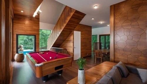 poolroom,game room,interior modern design,hardwood floors,great room,contemporary decor,loft,home interior,interior design,family room,modern decor,hardwood,luxury home interior,wood casework,bonus room,billiards,wood floor,modern room,wooden stair railing,millwork,Photography,General,Realistic