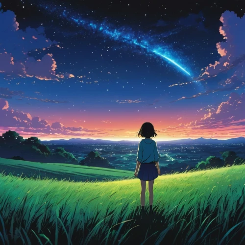 starry sky,ghibli,cosmos wind,star sky,studio ghibli,cosmos,hisaishi,the night sky,cielo,night sky,dream world,cosmos field,earth rise,horizons,falling stars,falling star,tobacco the last starry sky,dreamscape,universe,planetaria,Illustration,Japanese style,Japanese Style 05