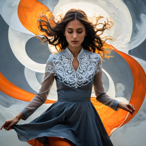 flamenca,girl in a long dress,katara,flamenco,tahiliani,kathak,whirling,bodypainting,swirling,tanoura dance,dance with canvases,spinaway,rumi,mystical portrait of a girl,bergersen,dervish,kameez,fabric painting,inanna,fluidity,Illustration,Realistic Fantasy,Realistic Fantasy 36