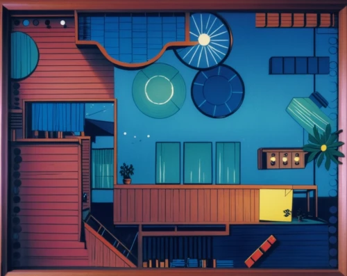 an apartment,blue room,apartment,japanese-style room,cabana,izakaya,a restaurant,shared apartment,boy's room picture,electrohome,apartment house,dreamhouse,small house,night scene,retro diner,japanese restaurant,kids room,rooms,cabanas,bedroom,Illustration,Children,Children 05