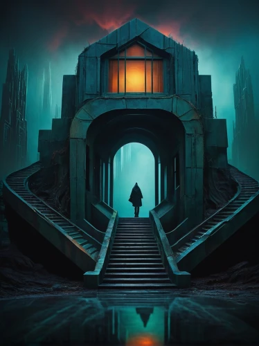 hall of the fallen,portal,the threshold of the house,gatekeeper,bioshock,mysterium,shadowgate,sci fiction illustration,crypts,odditorium,threshold,blackgate,gateway,fantasy picture,ghost castle,oxenhorn,the mystical path,heaven gate,mausoleum ruins,world digital painting,Illustration,Abstract Fantasy,Abstract Fantasy 19