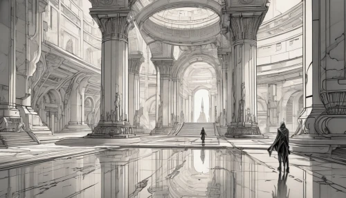 pillars,marble palace,pantheon,columns,ancient city,sketching,colonnaded,schuitema,hall of the fallen,three pillars,neoclassical,reflecting pool,cistern,environments,conclave,schuiten,dishonored,marble,capitols,backgrounds,Illustration,Black and White,Black and White 34