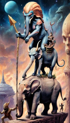 varaha,pandavas,elephunk,gandharas,oddworld,mahabharata,lord ganesha,sekhmet,powerslave,kemet,cartoon elephants,thundercats,lord shiva,elephant ride,ganapati,bhagavatam,mahadeva,fantasy art,shravana,kaliyuga,Conceptual Art,Sci-Fi,Sci-Fi 13