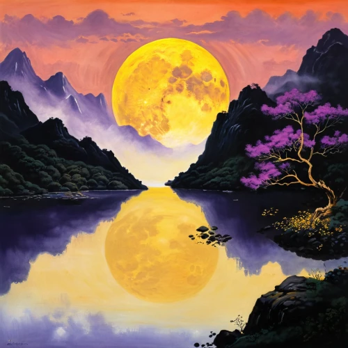 purple moon,purple landscape,lunar landscape,moonrise,moonlit night,mid-autumn festival,fantasy landscape,landscape background,fantasy picture,full moon,hanging moon,moonlit,oriental painting,haicang,moon valley,full moon day,world digital painting,wolong,rongfeng,shenlong,Illustration,Black and White,Black and White 35
