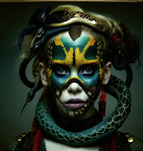 voodoo woman,tretchikoff,ashkali,bodypainting,osirian,venetian mask,kathakali,bodypaint,diablada,body painting,neferneferuaten,kamala,warrior woman,shaman,pintados,viveros,arlequin,gold mask,mascarita,vodun