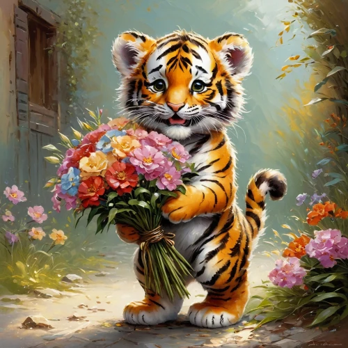 flower animal,flower painting,floral greeting,holding flowers,a tiger,flower cat,flower background,flower delivery,tiger cub,bengal tiger,picking flowers,with a bouquet of flowers,splendor of flowers,asian tiger,bouquet of flowers,tigerle,tiger,tigor,bengal,flower bouquet,Conceptual Art,Oil color,Oil Color 06
