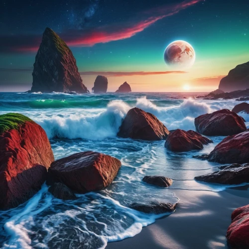 moonrise,moonscapes,lunar landscape,fantasy landscape,rocky beach,moonscape,ruby beach,moonlit night,seascape,moon photography,coastal landscape,beautiful beaches,beach landscape,rocas,rocky coast,moon and star background,splendid colors,mountain beach,full hd wallpaper,beautiful landscape,Photography,General,Realistic