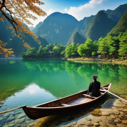 boat landscape,beautiful lake,guilin,japan landscape,beautiful japan,canoeing,lijiang,huangshan mountains,beautiful landscape,wooden boat,huangshan,mountain lake,landscape background,calm water,row boat,tranquility,japanese mountains,mountainlake,natural scenery,nature wallpaper,Photography,General,Realistic