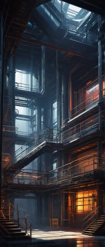 arcology,warehouses,manufactory,confinement,empty factory,warehouse,smeltery,mining facility,industrial landscape,parkade,shadowrun,warehousing,industrial,industrial hall,industrial ruin,fire escape,industrial plant,hangars,industrial tubes,reactor,Illustration,Realistic Fantasy,Realistic Fantasy 12