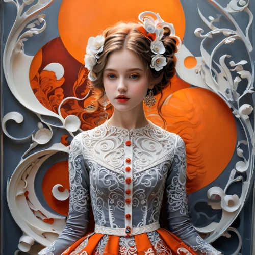 orange blossom,victoriana,fairy tale character,painter doll,rococo,jingna,orange rose,behenna,victorian lady,russian folk style,baroque angel,mystical portrait of a girl,fractals art,fantasy portrait,suit of the snow maiden,victorian style,duchesse,doll looking in mirror,baroque,girl in a wreath,Illustration,Black and White,Black and White 03