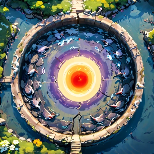koi pond,crescent spring,wishing well,water spring,pigeon spring,lily pond,colorful spiral,pond,spiral,garden pond,little planet,mountain spring,kaleidoscape,time spiral,sun eye,sinkhole,small planet,pond flower,cosmic eye,koi,Anime,Anime,General