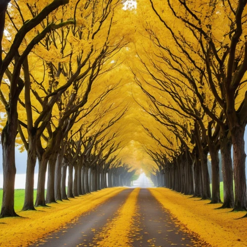 tree lined avenue,tree-lined avenue,tree lined lane,golden trumpet trees,tree lined path,tree lined,deciduous trees,autumn background,autumn scenery,autumn trees,beech trees,tree grove,row of trees,yellow leaves,deciduous forest,golden autumn,maple road,tree canopy,the trees in the fall,yellow wall,Photography,General,Realistic