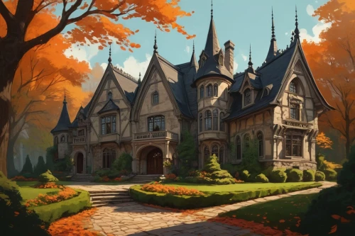 fairy tale castle,maplecroft,witch's house,fairytale castle,houses clipart,victorian house,briarcliff,autumn scenery,house in the forest,castle of the corvin,townhouses,hogwarts,sylvania,gables,autumn idyll,fall landscape,castlelike,witch house,dreamhouse,haunted castle,Illustration,Black and White,Black and White 02