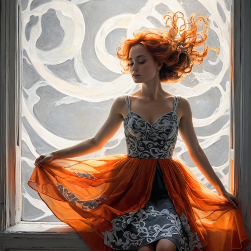 lindsey stirling,window curtain,girl in a long dress,orange blossom,jingna,flamenco,celtic woman,dance silhouette,fanning,silhouette dancer,evening dress,gracefulness,fusion photography,twirling,woman silhouette,orange,whirling,a girl in a dress,swirling,a floor-length dress,Illustration,Black and White,Black and White 06