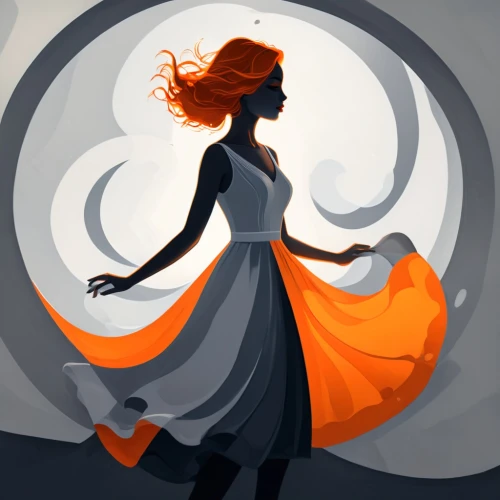 ballroom dance silhouette,woman silhouette,art deco woman,transistor,girl in a long dress,whirling,dance silhouette,persephone,aradia,twirl,eurydice,art deco background,fashion vector,spiral background,chiaradia,margaery,anchoress,orange rose,hypatia,ballgown,Illustration,Black and White,Black and White 04