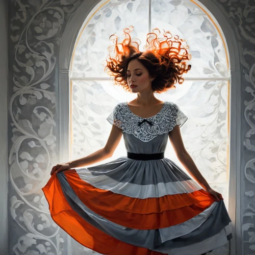 flamenco,pasodoble,fashion vector,flamenca,a girl in a dress,crinoline,lindsey stirling,orange blossom,ball gown,world digital painting,evening dress,girl in a long dress,maxon,whirling,siriano,dance silhouette,danseuse,ballgown,dervish,petticoats,Illustration,Abstract Fantasy,Abstract Fantasy 02