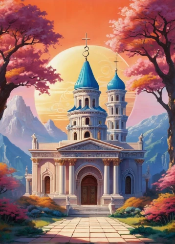 church painting,rivendell,monastery,cathedral,cartoon video game background,temples,fairy tale castle,church faith,wooden church,honeychurch,background image,tirith,fairytale castle,churches,castlevania,scummvm,escaflowne,eparchy,vesperia,templedrom,Illustration,Abstract Fantasy,Abstract Fantasy 13