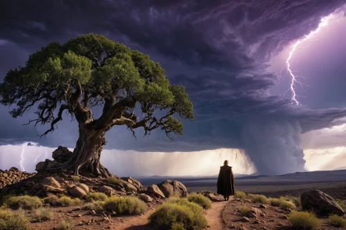 nature's wrath,a thunderstorm cell,isolated tree,tornus,supercell,lightning storm,god of thunder,force of nature,natural phenomenon,druidic,thundercloud,lone tree,dragon tree,magic tree,orage,mother nature,thundershower,tormenta,thors,tree of life,Photography,General,Realistic