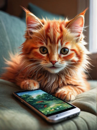 ginger kitten,maincoon,cute cat,orange tabby cat,mobile gaming,ginger cat,red tabby,cat image,cartoon cat,holding ipad,mobipocket,orange tabby,samsung galaxy s3,game addiction,mobile tablet,cat resting,touchwiz,alberty,lumia,palm kitten,Illustration,Realistic Fantasy,Realistic Fantasy 23